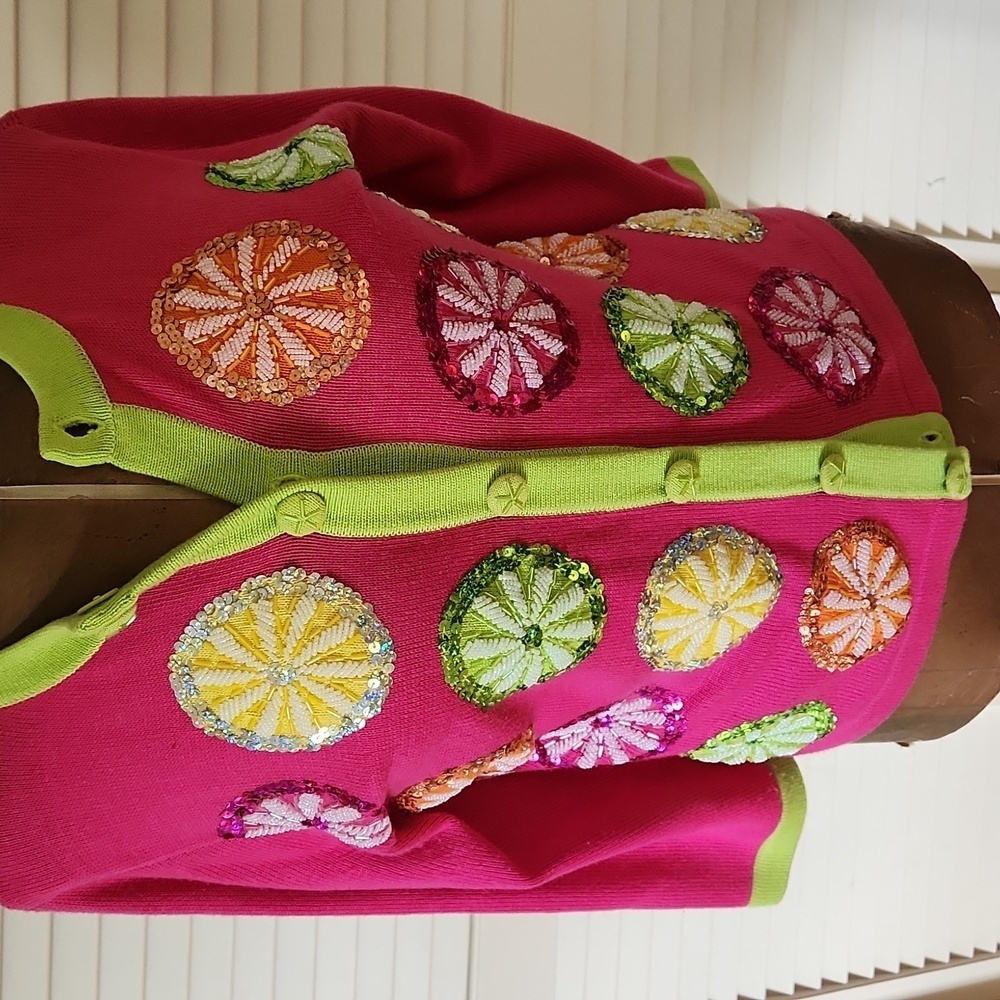 Jack B. Quick VTG 90s Beaded Sequin Cardigan Size M Pink Lime and Orange Holiday - Picture 3 of 10